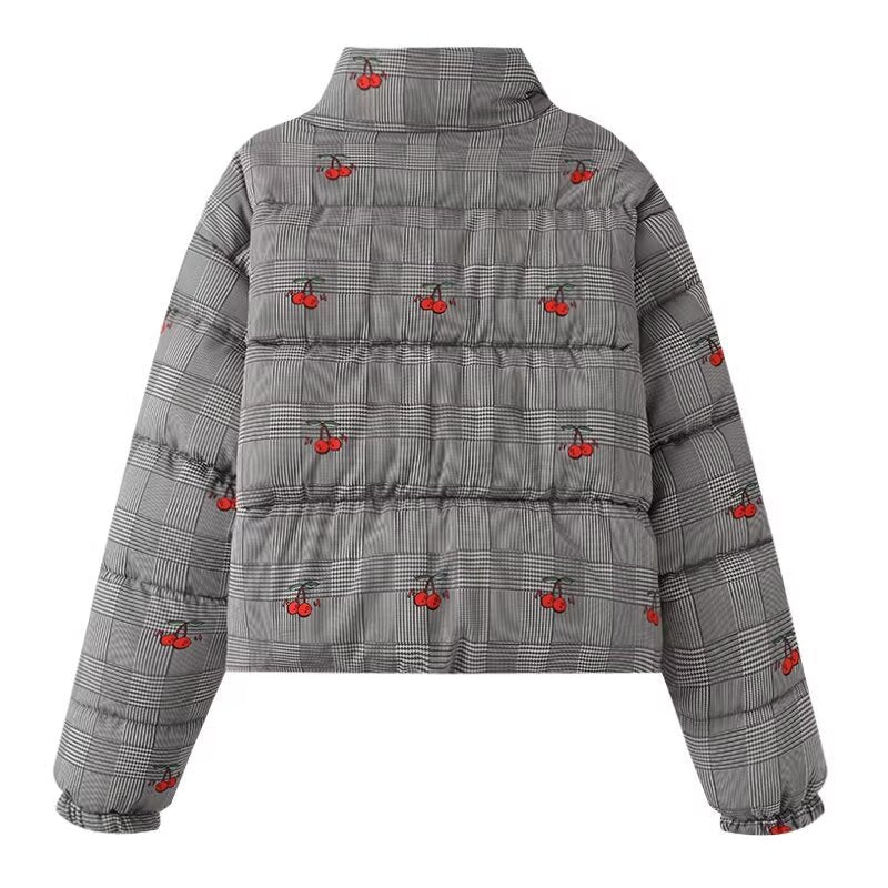 Women's short-cut quilted down-look jacket with stand-up collar and cherry embroidery Fashion Glam