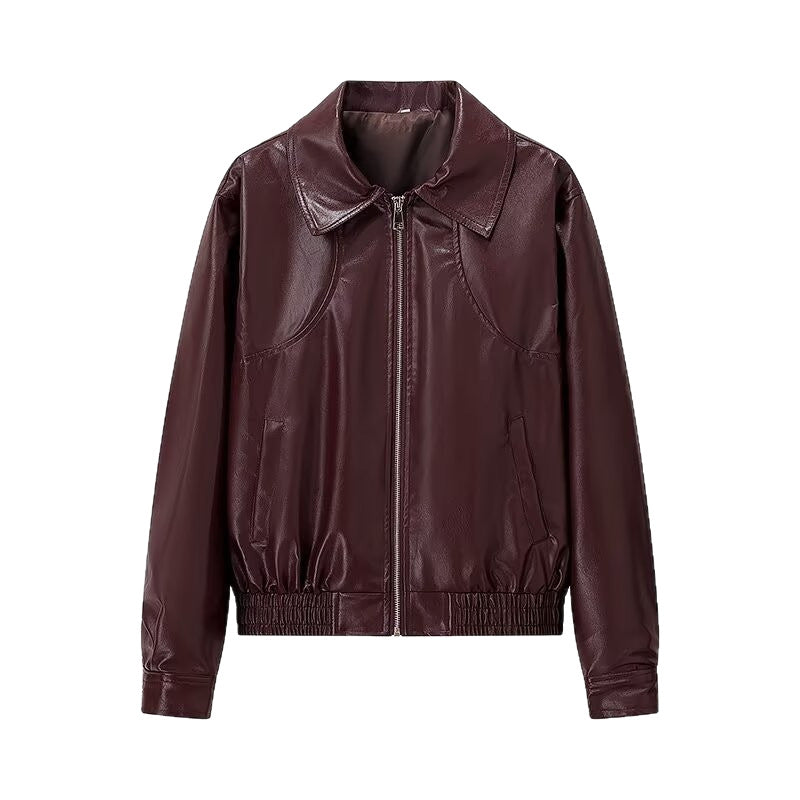 Women's Shiny Leather-Look Blouson Jacket with Shirt Collar, Zipper and Elastic Hem Fashion Glam