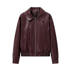 Women's Shiny Leather-Look Blouson Jacket with Shirt Collar, Zipper and Elastic Hem Fashion Glam