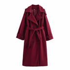 Women’s long double-breasted wool blend trench coat with belt and wide lapels Fashion Glam