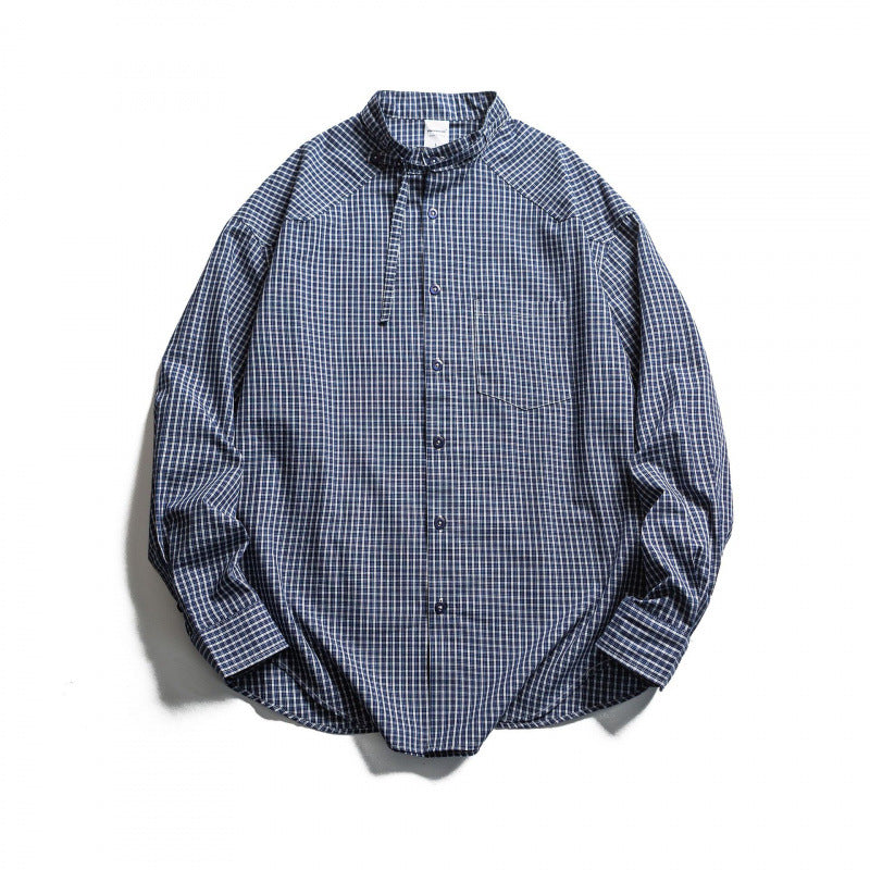Men's Checked Oversize Shirt with Stand Collar, Drawstring and Raglan Sleeves Fashion Glam