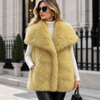 Women Sleeveless High-Pile Faux Fur Vest with Voluminous Shawl Collar and Slip Pockets Fashion Glam