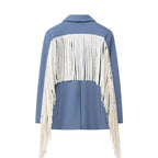 Women's Oversize Suede Look Blazer with Extra Long Fringe Trim and Contrast Stitch Fashion Glam