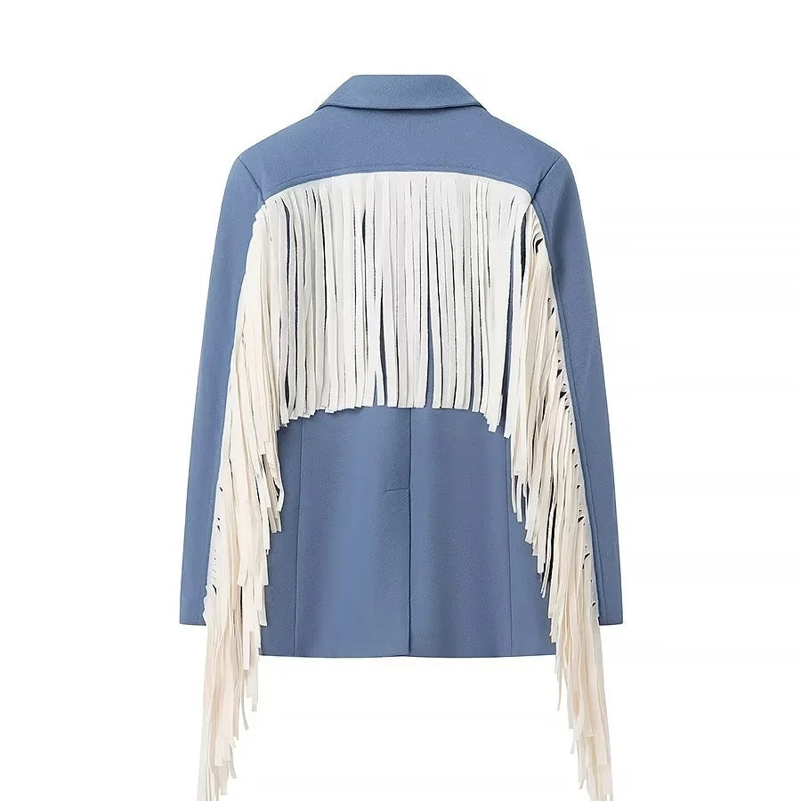 Women's Oversize Suede Look Blazer with Extra Long Fringe Trim and Contrast Stitch Fashion Glam