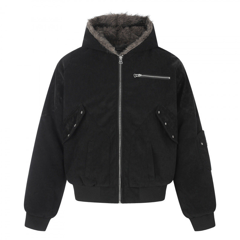 Unisex oversized lined hooded bomber jacket made of suede imitation with teddy lining Fashion Glam
