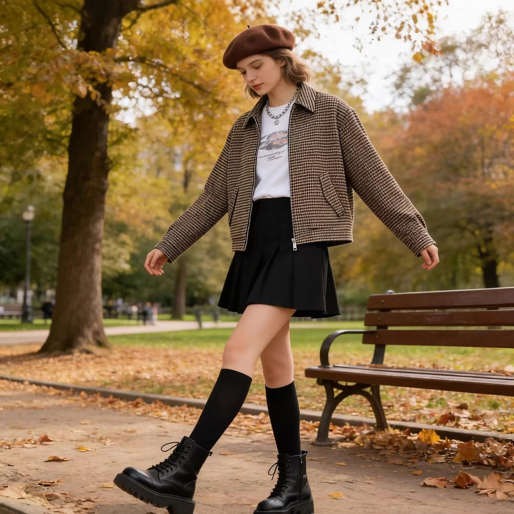 Women Boxy Short Jacket made of Wool Blend with Houndstooth Pattern, Zipper and Shirt Collar Fashion Glam