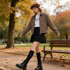Women Boxy Short Jacket made of Wool Blend with Houndstooth Pattern, Zipper and Shirt Collar Fashion Glam