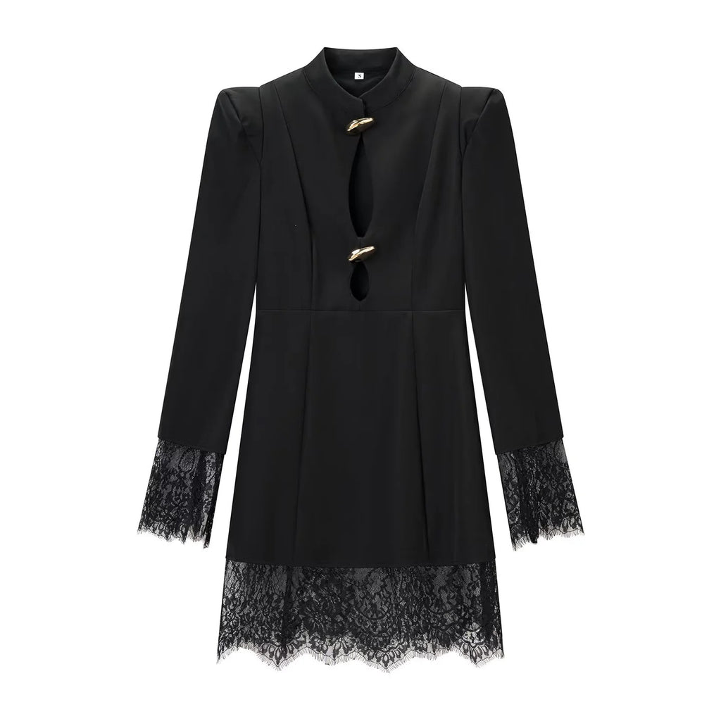 Women's midi dress with stand-up collar, cut-out front, gold decorative fasteners, and lace trim Fashion Glam
