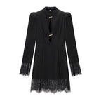 Women's midi dress with stand-up collar, cut-out front, gold decorative fasteners, and lace trim Fashion Glam