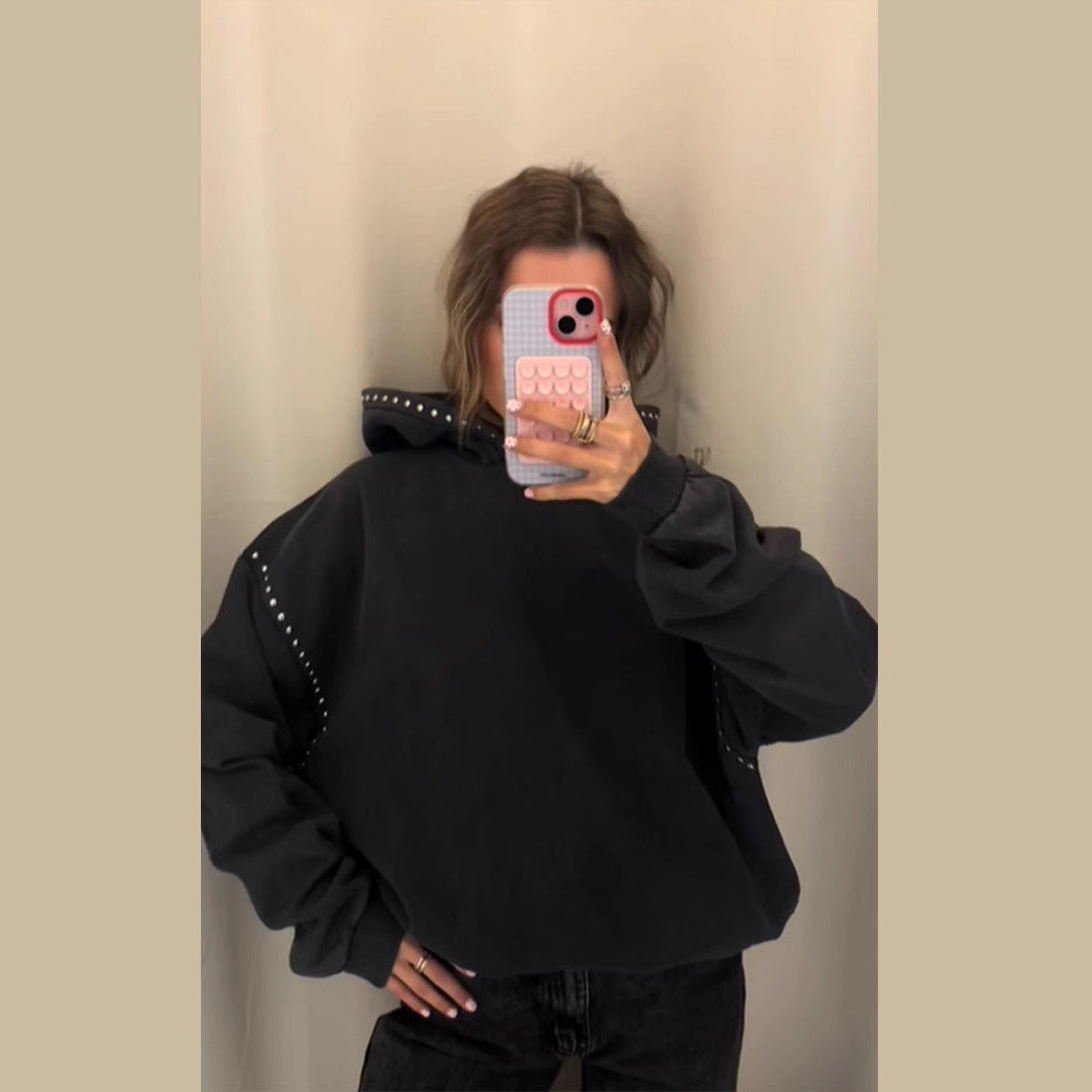 Women's Oversized Hoodie with Studded Decoration and Ribbed Cuffs Fashion Glam