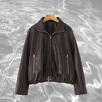 Women’s cropped oversized leather jacket in bomber style with zippered pockets and waist belt Fashion Glam