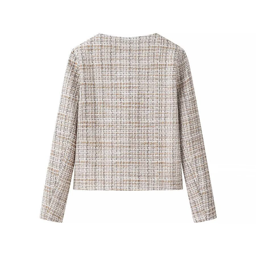 Women's Boxy Boucle Tweed Jacket with Gold Button Detail and Lightweight Lining Fashion Glam