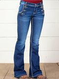 Women's High-Waisted Flared Jeans with Decorative Metal Buttons and Contrast Stitching Fashion Glam