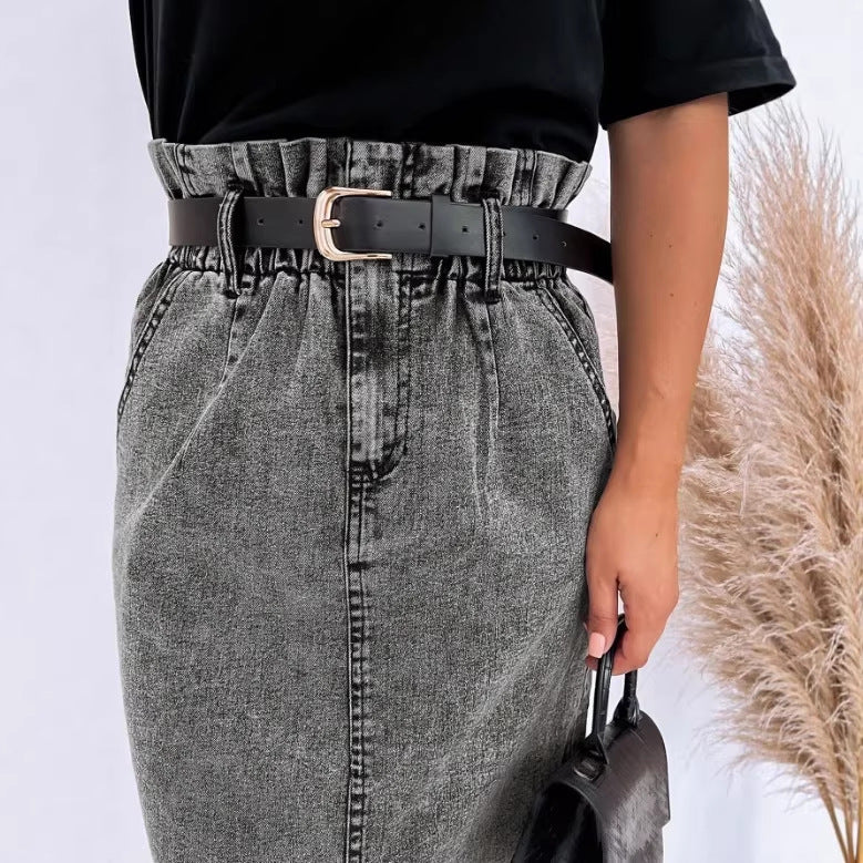 Women's High-Waisted Paperbag Denim Midi Skirt with Front Slit and Tied Belt Fashion Glam