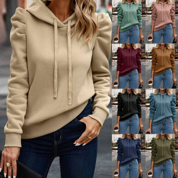 Ladies hooded sweatshirt with puff sleeves, drawstring and ribbed cuffs Fashion Glam