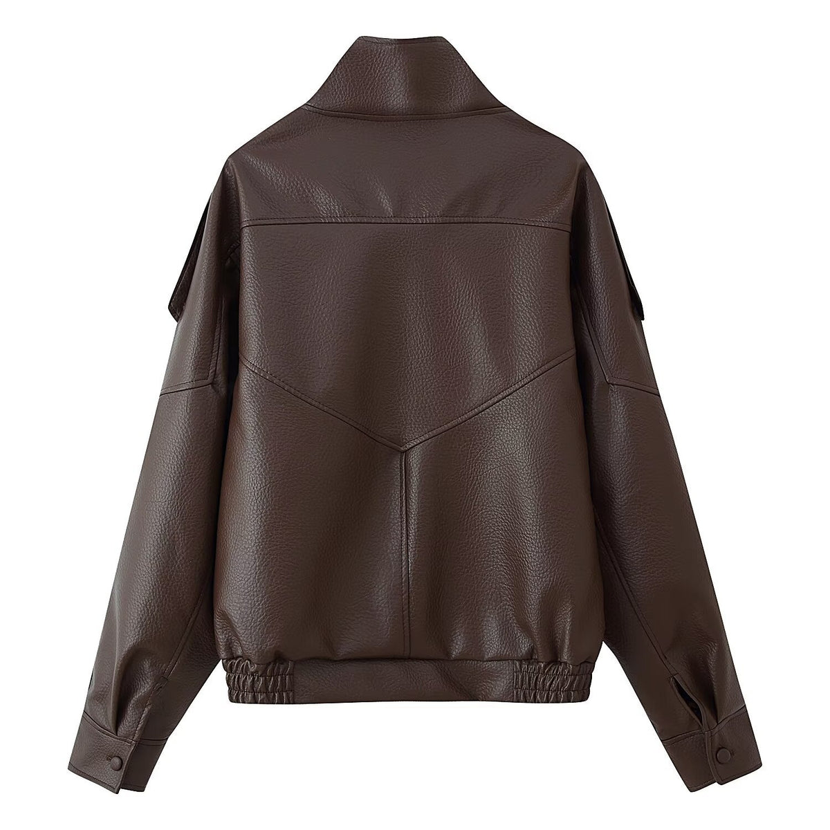 Women's Oversized Faux Leather Jacket with Shirt Collar and Elastic Hem Fashion Glam