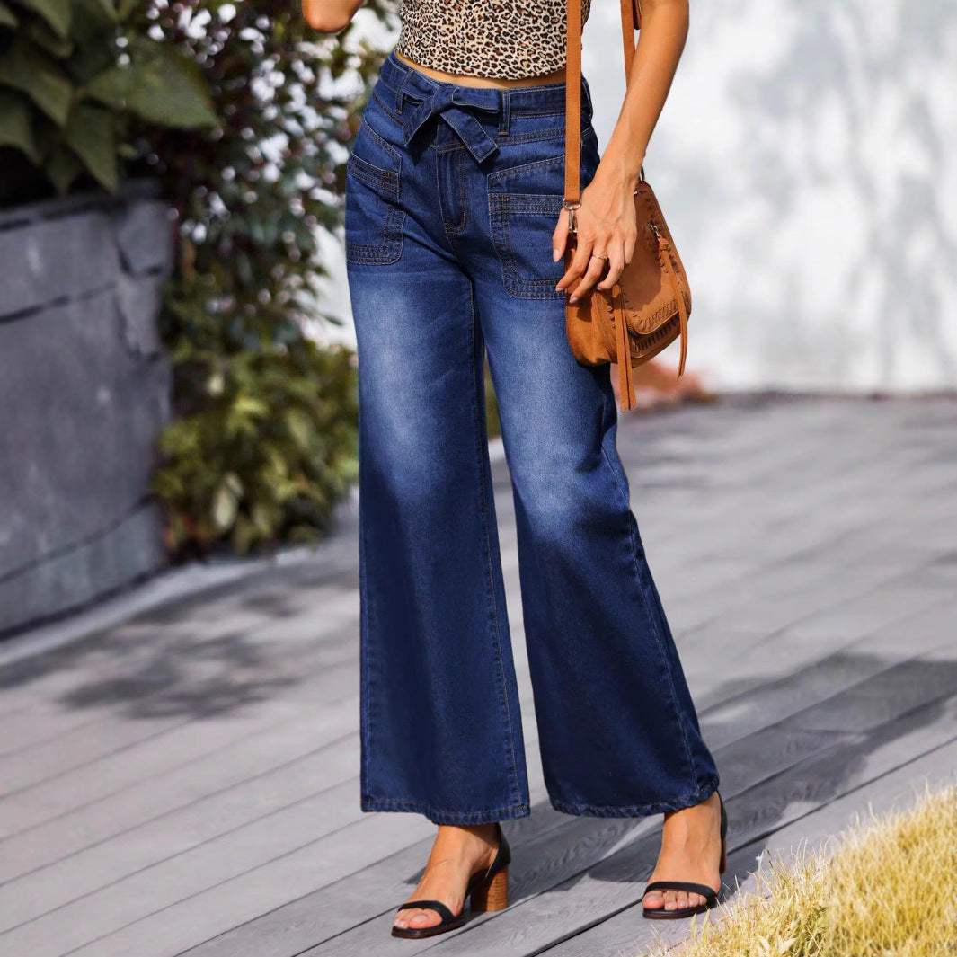 Women High-waisted wide jeans with bow waistband and patch pockets Fashion Glam