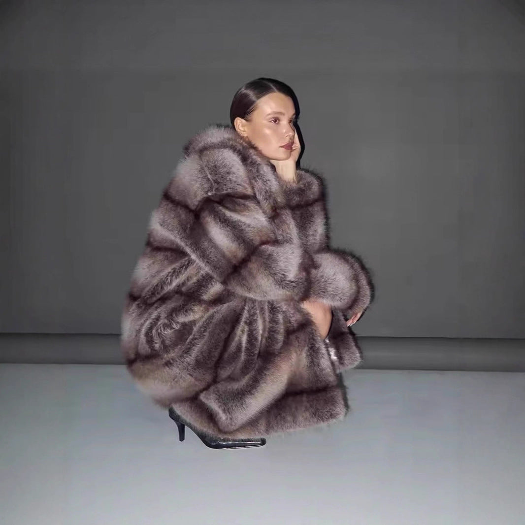 Women's Luxurious Oversized Faux Fur Coat with Hood and Satin Lining Fashion Glam