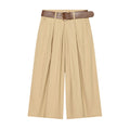 Women's High-Waisted Culotte Pants with Wide Leg, Knife Pleats and Round Buckle Belt Fashion Glam