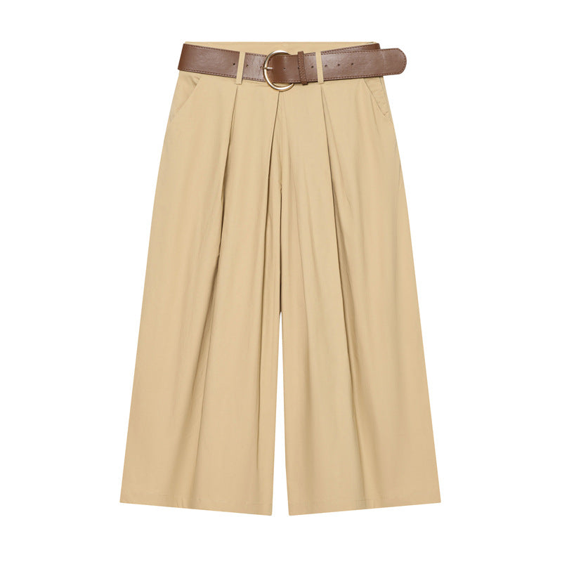 Women's High-Waisted Culotte Pants with Wide Leg, Knife Pleats and Round Buckle Belt Fashion Glam