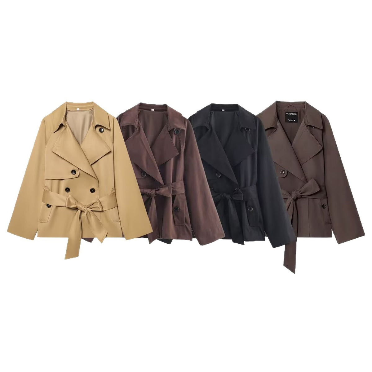 Women Cropped Waist Belt Trench Coat with Wide Lapels and Flap Pockets Fashion Glam