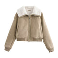 Women's short-cut faux suede bomber jacket with teddy lining, zip and ribbed cuffs Fashion Glam