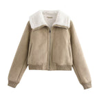 Women's short-cut faux suede bomber jacket with teddy lining, zip and ribbed cuffs Fashion Glam