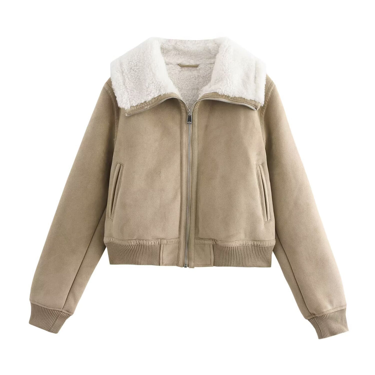Women's short-cut faux suede bomber jacket with teddy lining, zip and ribbed cuffs Fashion Glam