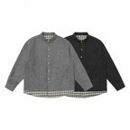 Unisex Oversize Wool Blend Shirt Jacket with Stand-up Collar, Snap Button Placket and Checked Hem Band Fashion Glam