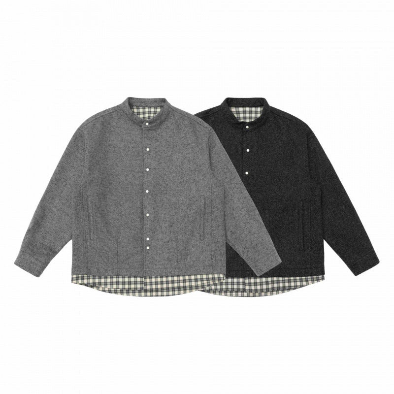 Unisex Oversize Wool Blend Shirt Jacket with Stand-up Collar, Snap Button Placket and Checked Hem Band Fashion Glam