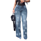 Ladies High-Waist Wide-Leg Denim Jeans with Floral Allover Embroidery Fashion Glam