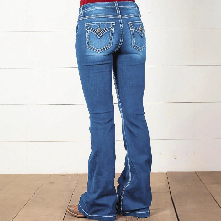 Women's High-Waist Denim Flare Jeans with Side Decorative Button Placket and Sculpting Fit Fashion Glam