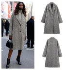 Women Oversized Coat with Herringbone Pattern and Deep Lapel Collar Fashion Glam