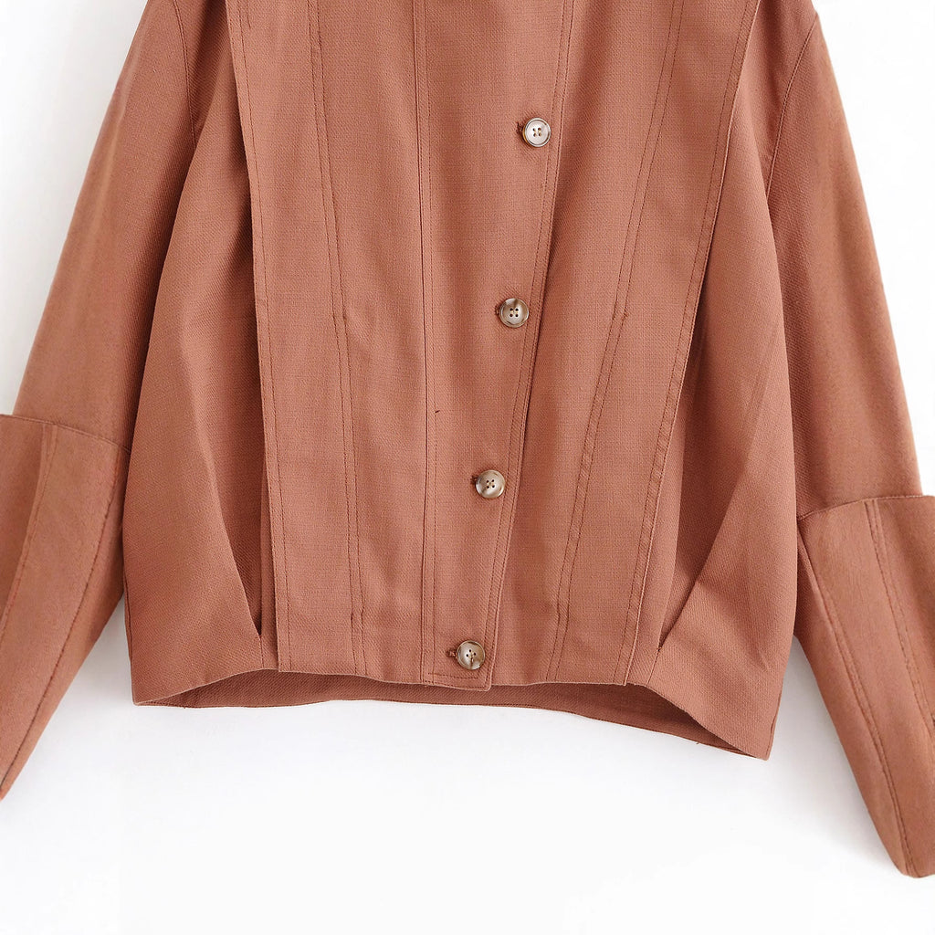 Women's Boxy Transitional Jacket with Round Neck, Decorative Stitching and Visible Button Placket Fashion Glam