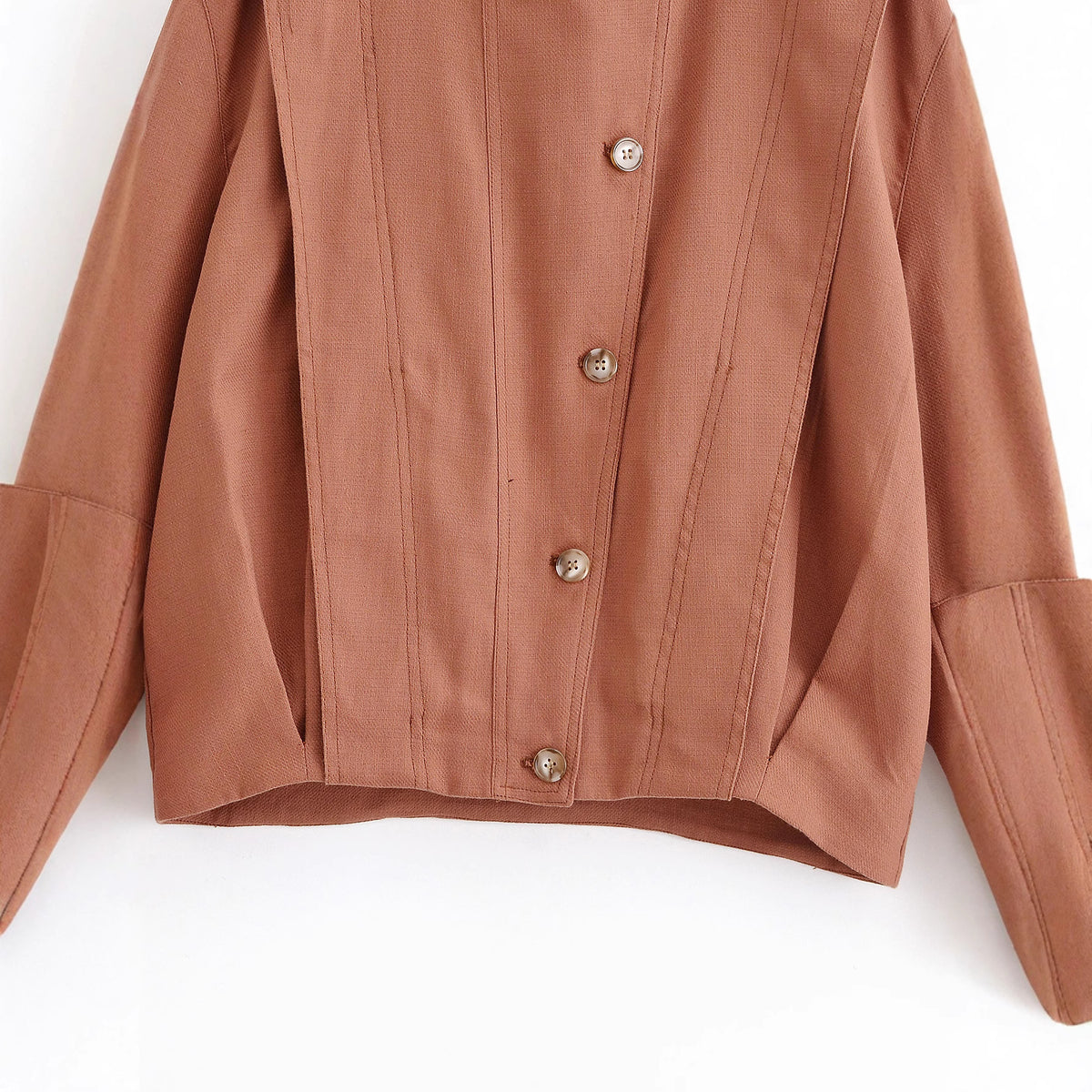 Women's Boxy Transitional Jacket with Round Neck, Decorative Stitching and Visible Button Placket Fashion Glam