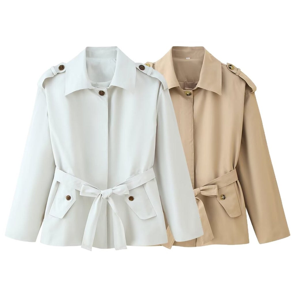 Women's short trench coat with waist belt, shoulder flaps, and patch pockets Fashion Glam