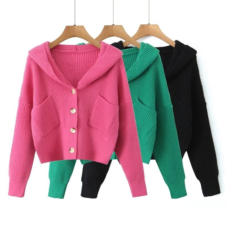 Women's Short Ribbed Knit Cardigan with Wide Hood Collar and Patch Pockets Fashion Glam
