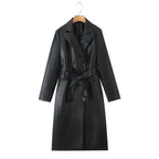 Women's Longline Faux Leather Trench Coat with Double-Breasted Button Placket and Waist Belt Fashion Glam