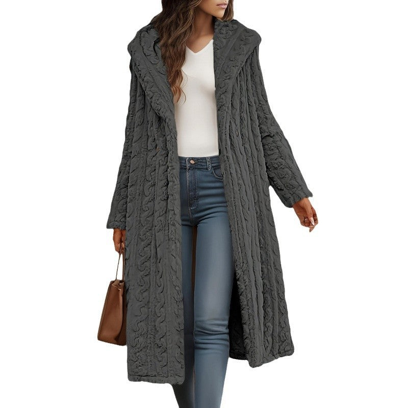 Women's Long Hooded Teddy Coat with Cable Knit Look Fashion Glam