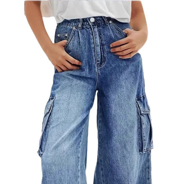Women's high-waisted wide cargo denim pants in palazzo style with patch side pockets Fashion Glam