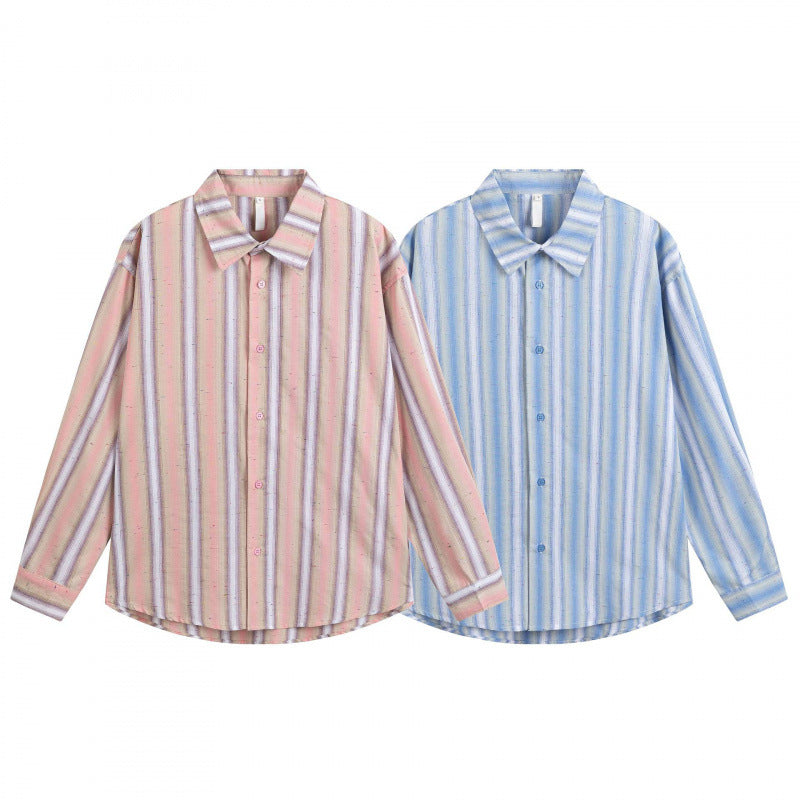 Men's Loose-Fitting Cotton Shirt with Vertical Stripes and Rounded Hem Fashion Glam