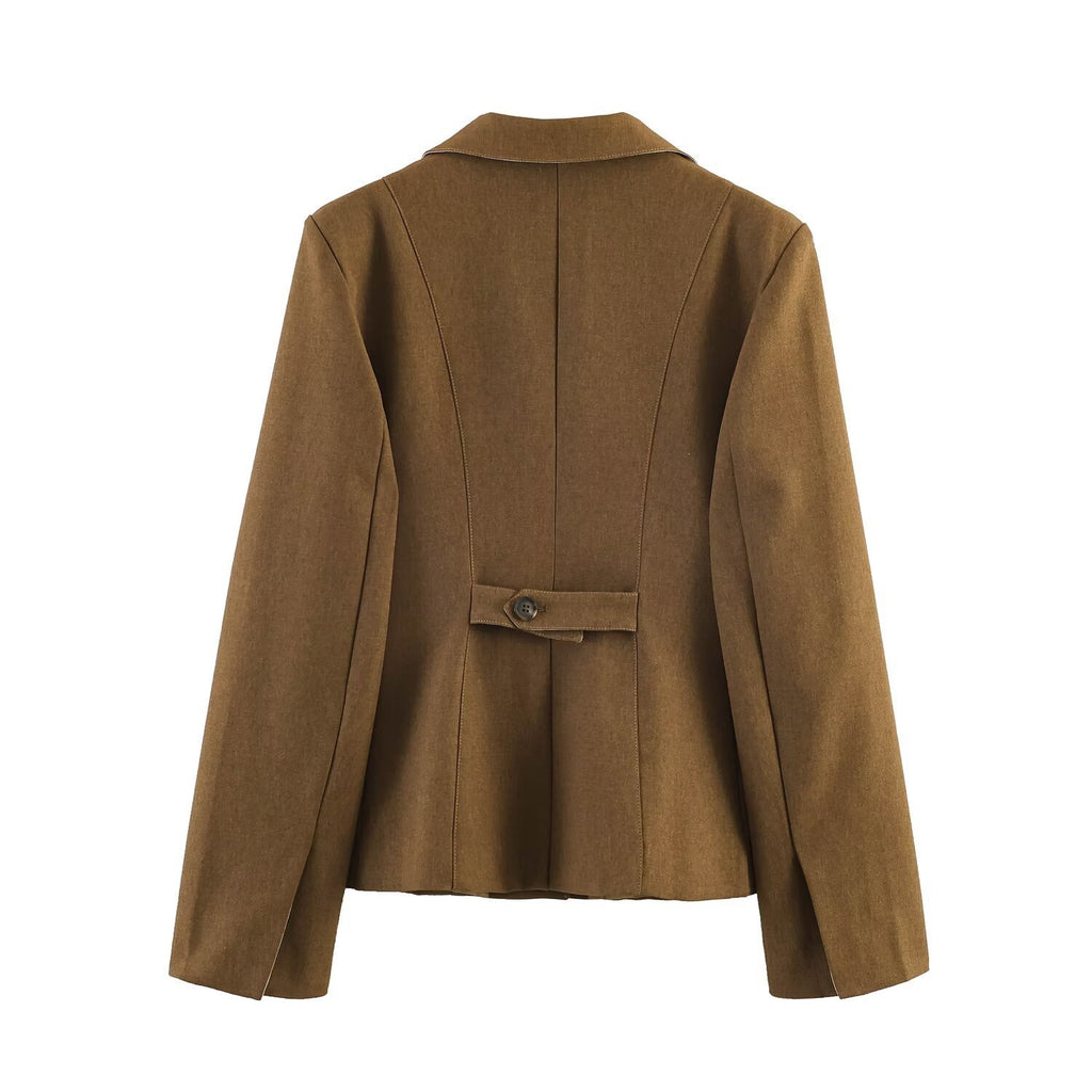 Women Tailored Short Blazer with Wiener Seams, Continuous Button Placket and Flap Pockets Fashion Glam
