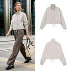Women Cropped Checked Transitional Jacket with High Collar and Drawstring Fashion Glam