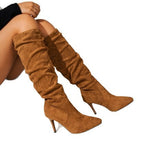 Ladies Ruched Knee-high Velour Boots with Pointed Toe and Sleek Stiletto Heel Fashion Glam