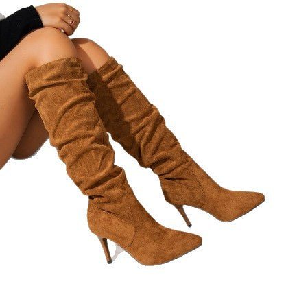 Ladies Ruched Knee-high Velour Boots with Pointed Toe and Sleek Stiletto Heel Fashion Glam