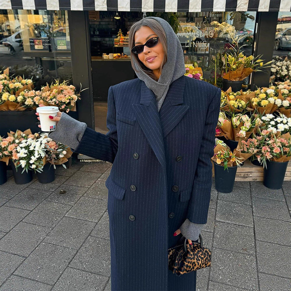 Women Long Double-Breasted Pinstripe Coat with Oversized Shoulder Fashion Glam