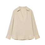 Women's loose linen look tunic with deep V-neck and shirt collar Fashion Glam