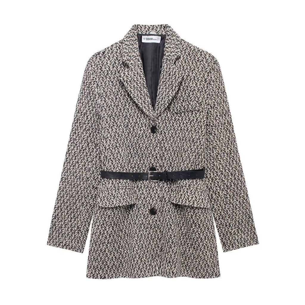 Women's Longline Tweed Blazer with Flap Pockets and Waist Belt Fashion Glam