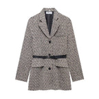 Women's Longline Tweed Blazer with Flap Pockets and Waist Belt Fashion Glam