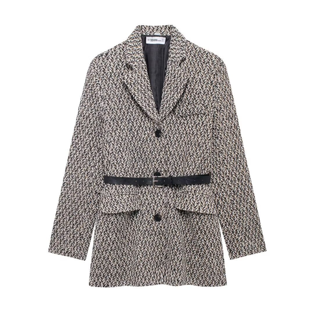 Women's Longline Tweed Blazer with Flap Pockets and Waist Belt Fashion Glam